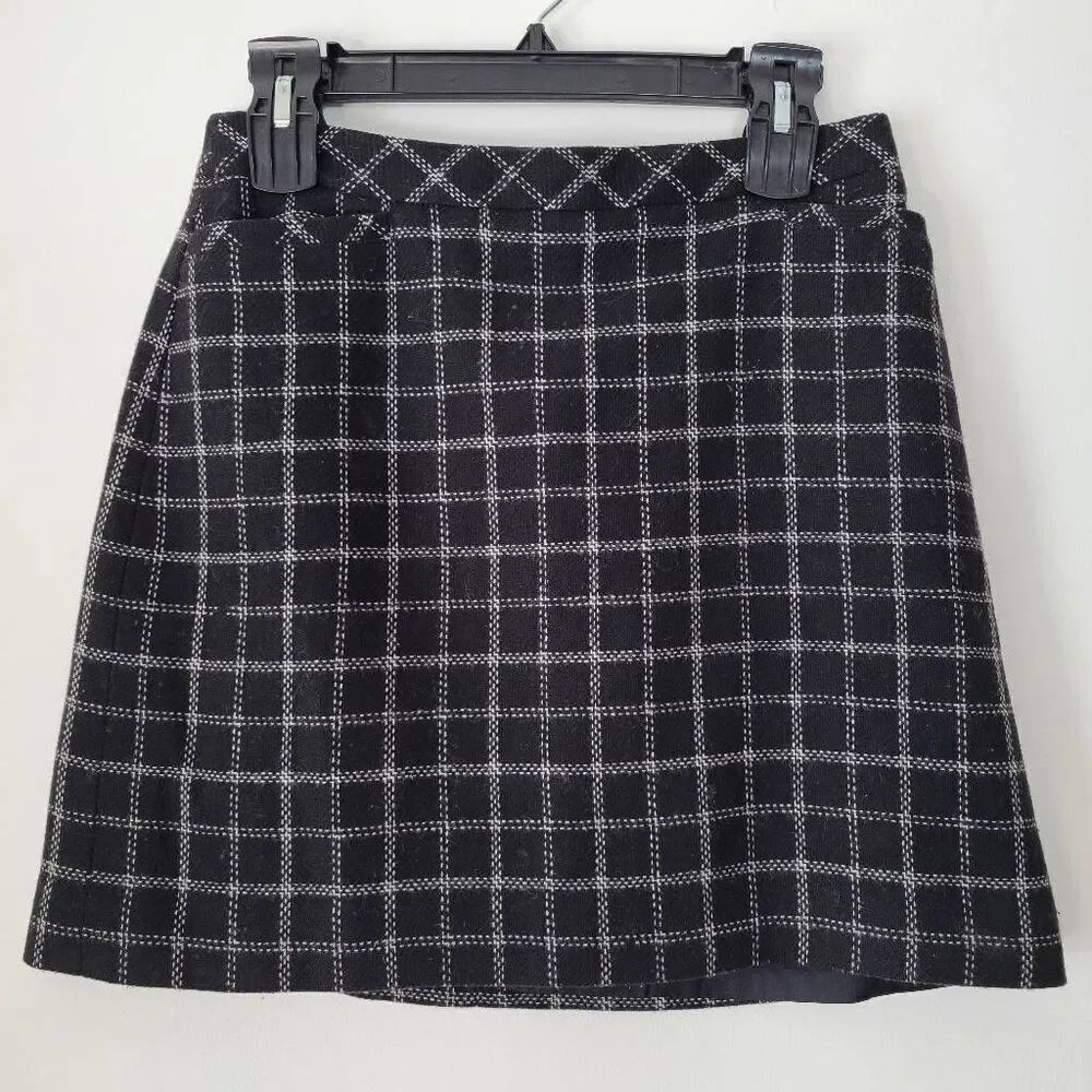 Ann Taylor Wool Blend A-Line Skirt Black White Windowpane Plaid Lined Career Wor